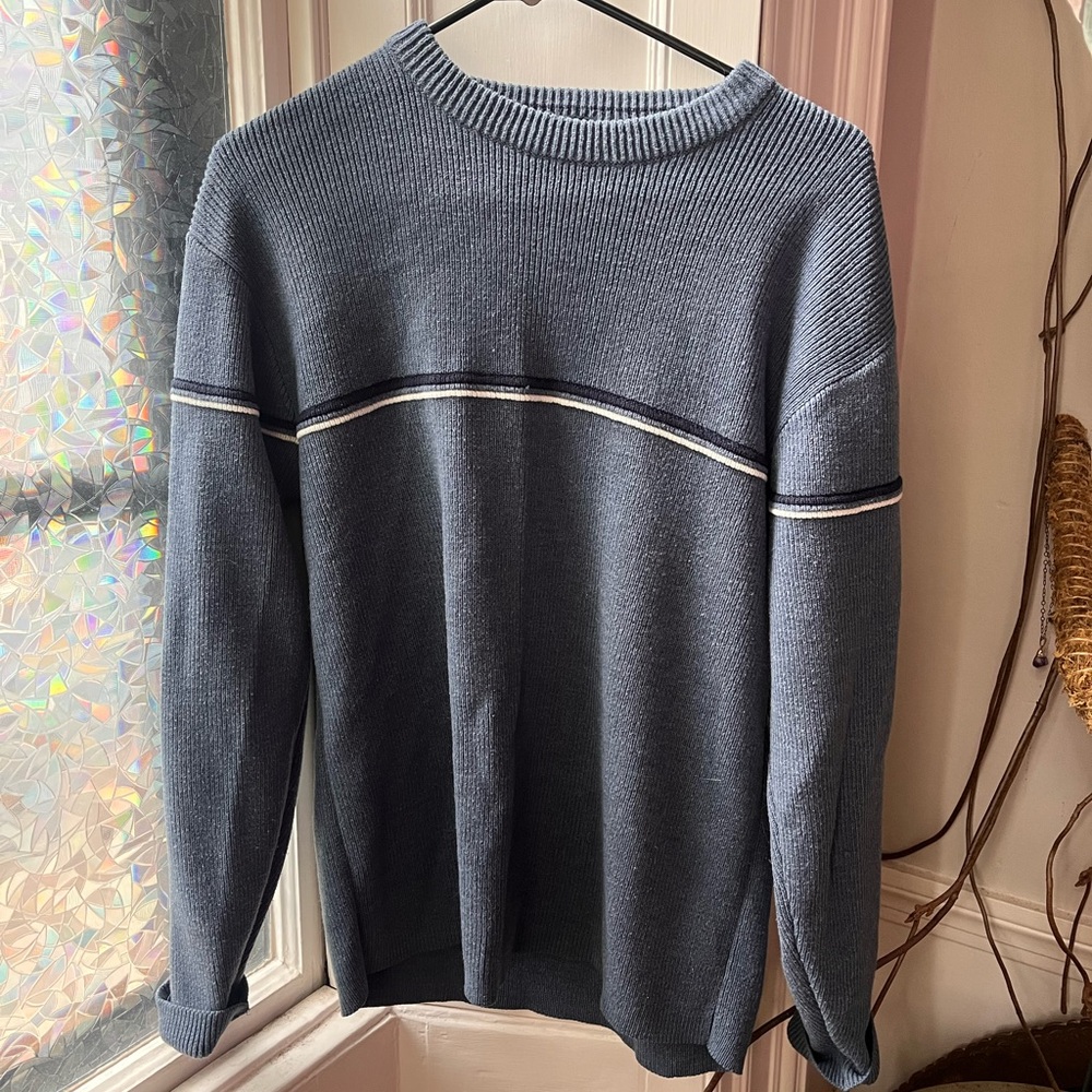 Men's Crewneck Sweater in Slate Blue with Contrast Stripe